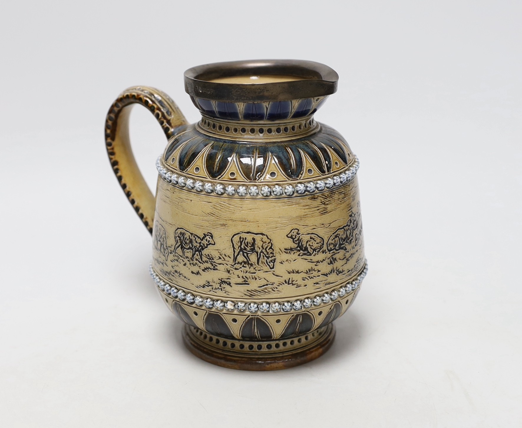Hannah Barlow for Doulton, a silver mounted stoneware jug,16cms high